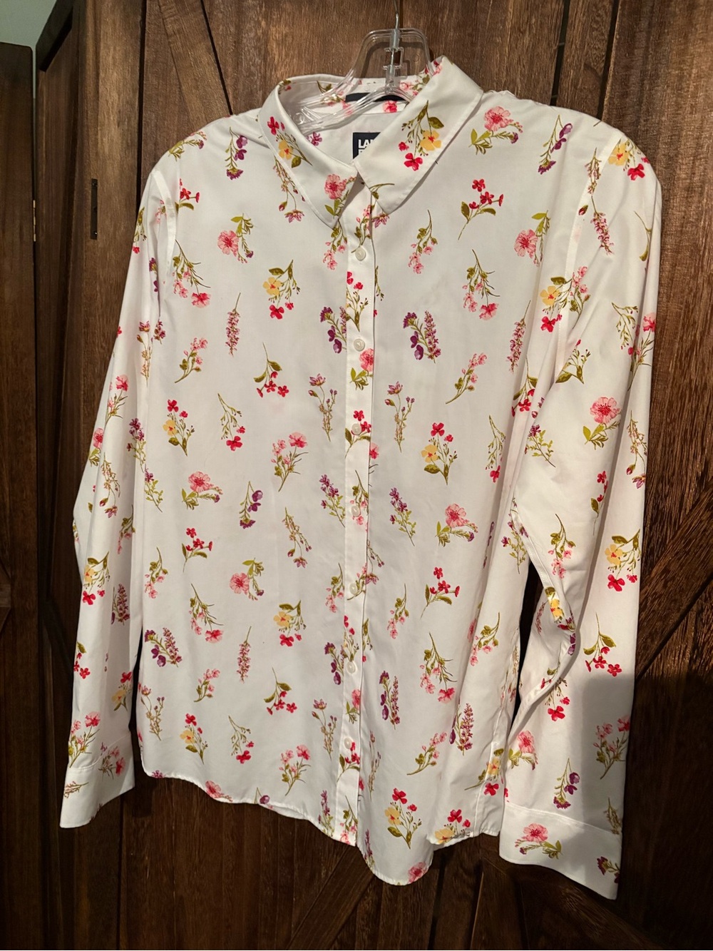 Lands' End White Floral Button-Down Top with Pink Blossoms; No Iron; M